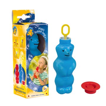 Blue bear-shaped bubble blower with packaging and additional red bubble blower on a white background