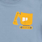 Yellow excavator design on a blue shirt