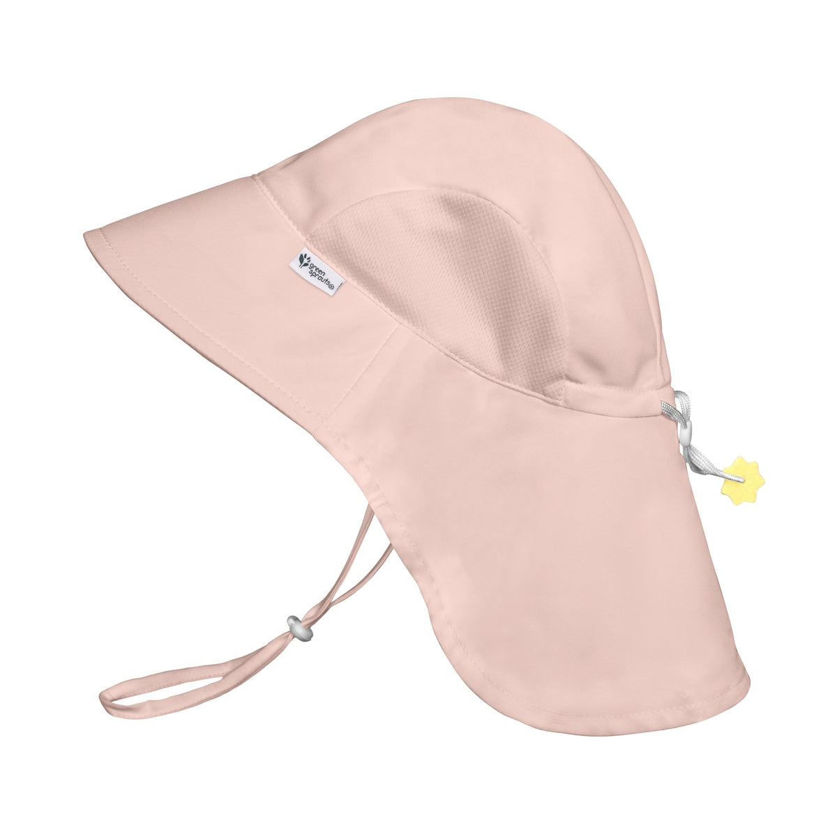 A light pink wide-brim sun hat with a built-in neck flap, adjustable chin strap, and a small yellow star-shaped tag, shown on a plain white background.
