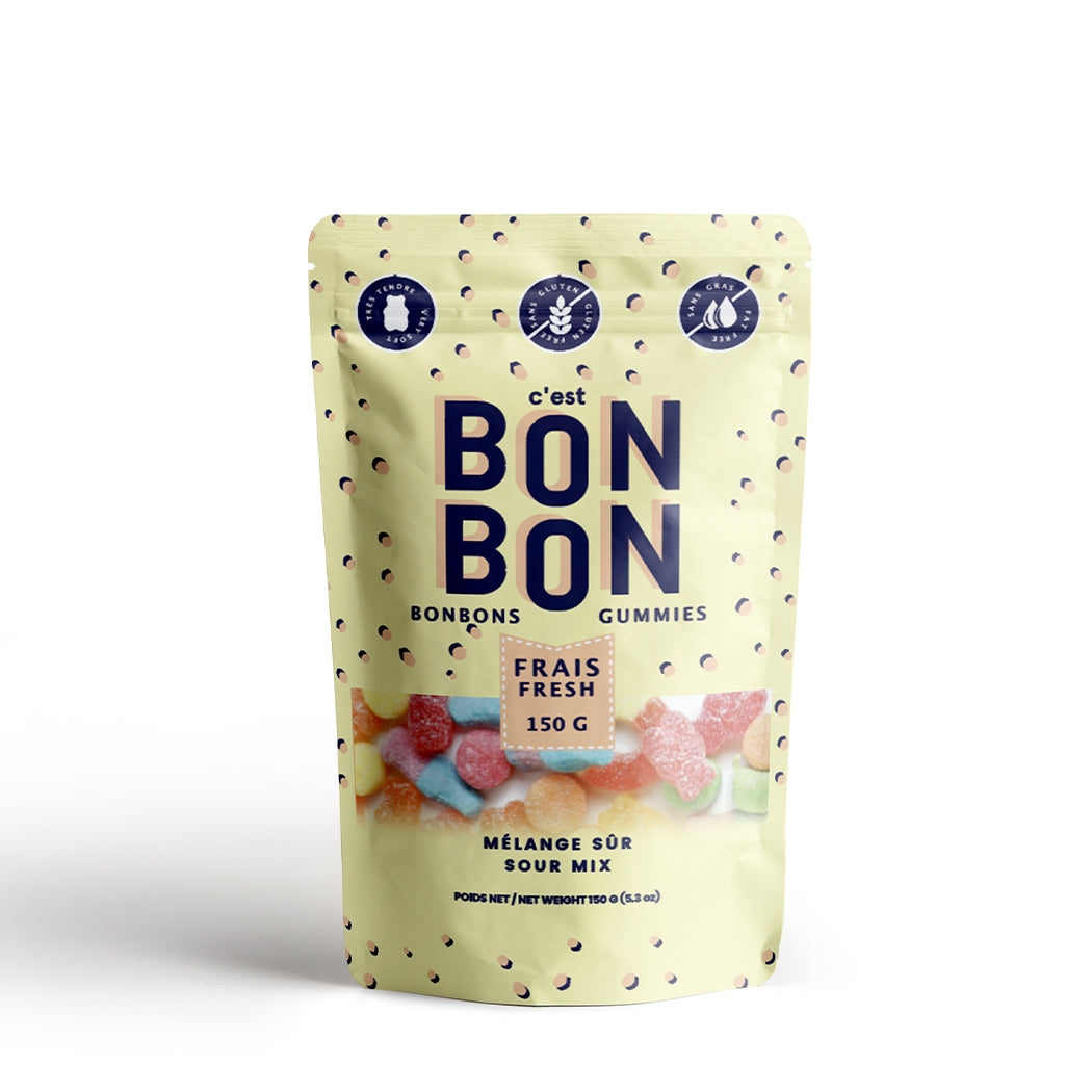 Packaging of Bon Bon gummies with a light yellow background