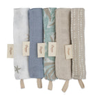 Set of five folded fabric swatches in various colors with tags, on a white background.