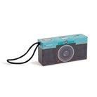 Camera-shaped product with a teal top and black bottom on a white background