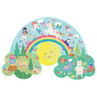 Floss & Rock Rainbow Fairy Shaped Jigsaw Puzzle, featuring a colorful rainbow, a smiling sun, fairies, and a unicorn.