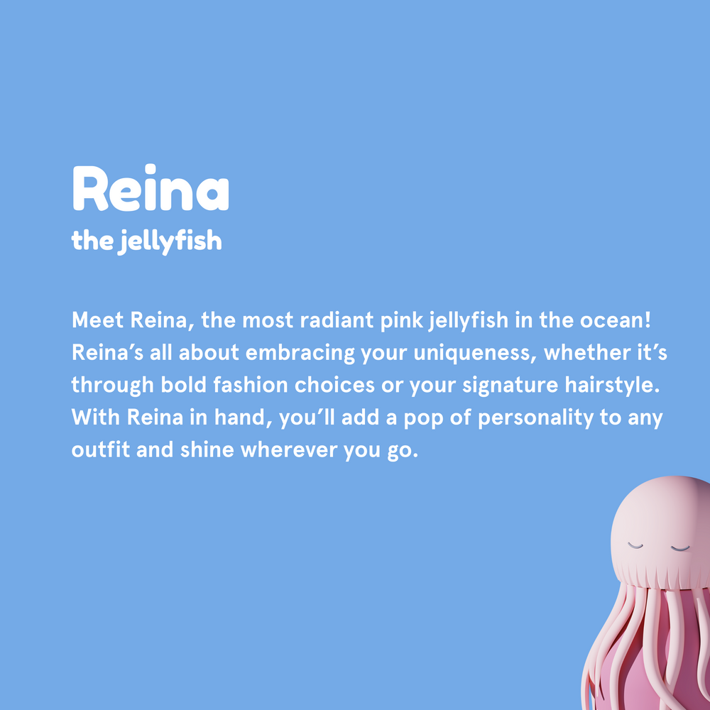 Pink jellyfish toy with text about Reina on a blue background