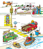 Illustration of various vehicles and their labels on a road and waterway scene.