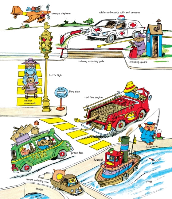 Illustration of various vehicles and their labels on a road and waterway scene.