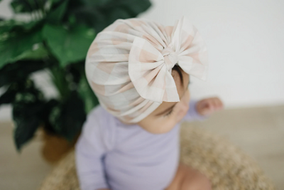 Spring Gingham Neutral/Ivory Messy Bow Baby Turban by Golden Dot Lane