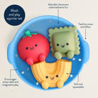 Colorful bath toy set with tomato, pasta, and shell design on a blue base.