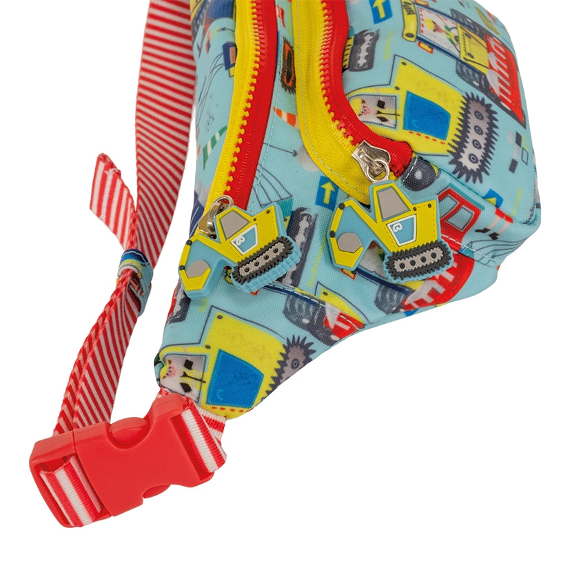 Children's safety harness with construction vehicle pattern on a white background