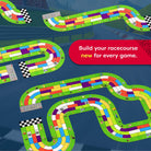 A top-down view of a colorful racecourse board game layout on a dark blue background, with multiple winding green track sections, checkered flags, and a red promotional text bubble that reads, 'Build your racecourse new for every game.'.