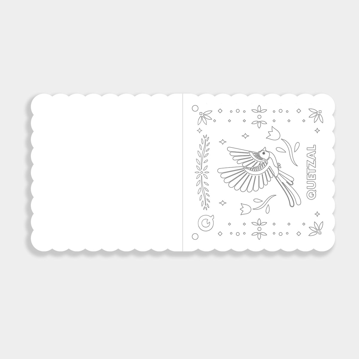 Decorative white card with bird illustration and 'Quetzal' branding on a light gray background