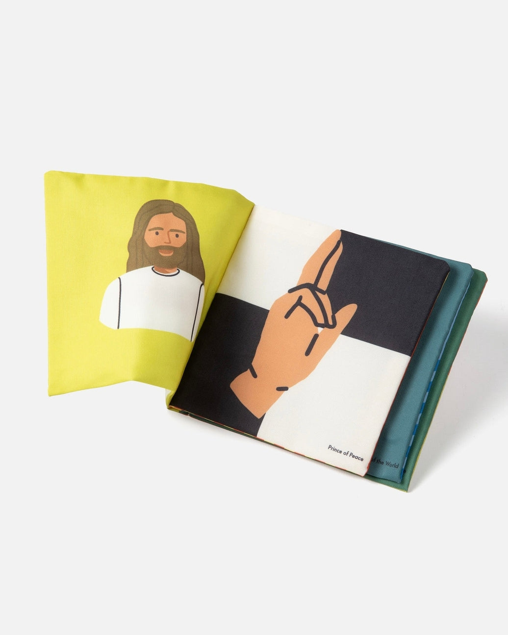 Open book with illustrations of a person and a hand on a white background