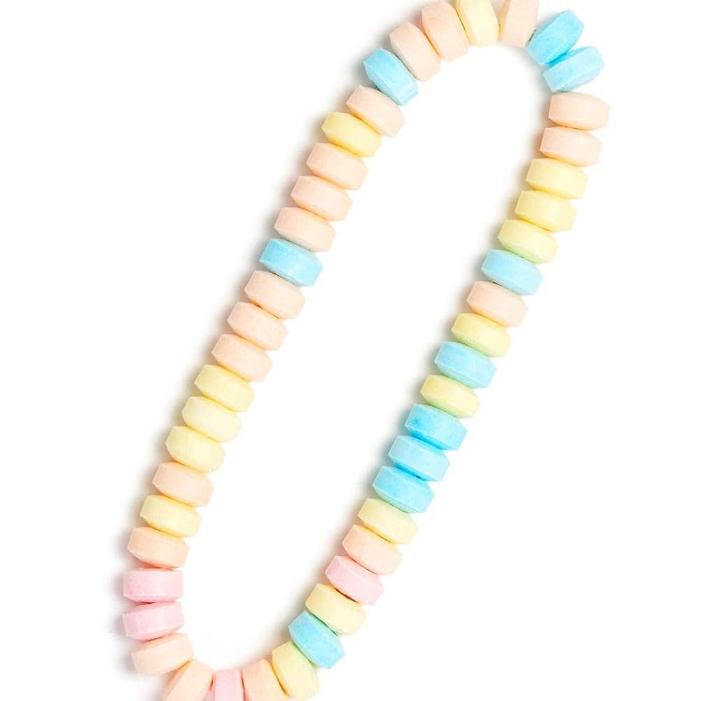 A pastel candy-stone necklace made of small round beads in soft pink, yellow, light blue, and peach tones, arranged in a loop on a white background.