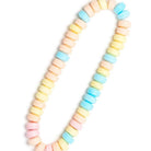 A pastel candy-stone necklace made of small round beads in soft pink, yellow, light blue, and peach tones, arranged in a loop on a white background.
