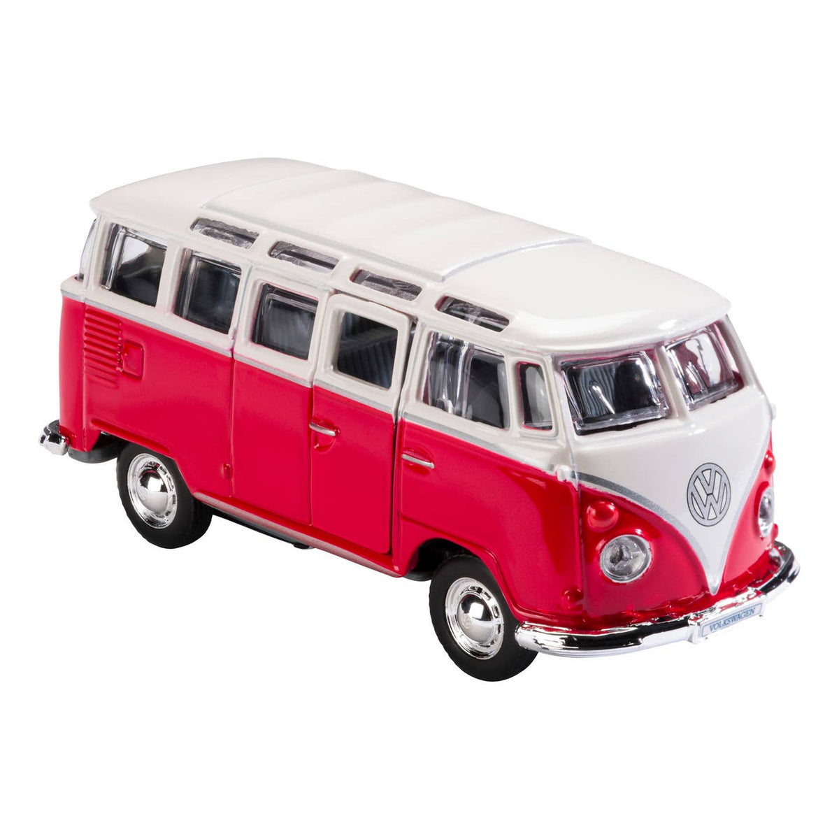 Model of a red and white Volkswagen bus on a white background