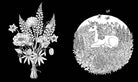 Black and white illustration of a bouquet of flowers on the left and a unicorn in a circular design with nature elements on the right.