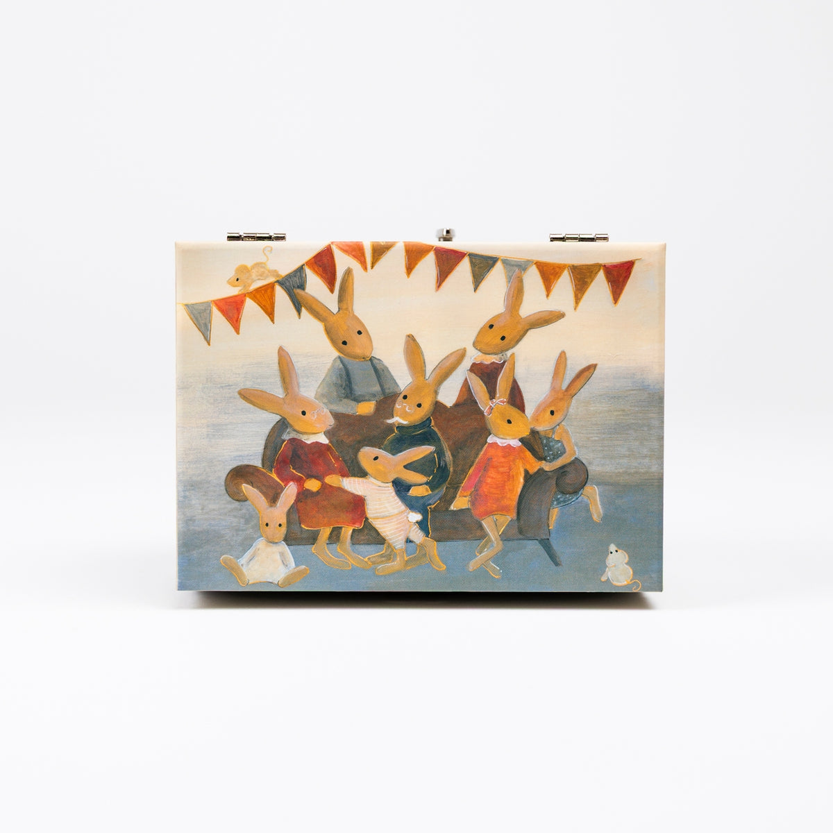 A rectangular clutch bag with a cream-colored cover featuring a whimsical illustration of rabbits in colorful clothing under a string of bunting flags. The clutch has two silver metal rings at the top and is photographed on a seamless white background.