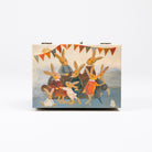 A rectangular clutch bag with a cream-colored cover featuring a whimsical illustration of rabbits in colorful clothing under a string of bunting flags. The clutch has two silver metal rings at the top and is photographed on a seamless white background.