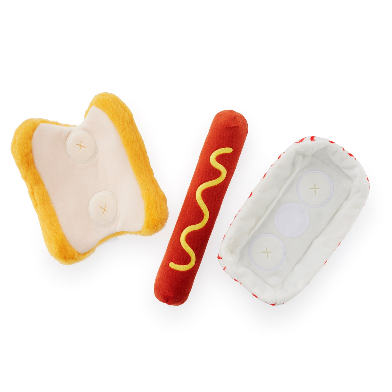 Plush toys shaped like a hot dog, bun, and tray on a white background