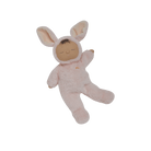 Plush toy baby in a bunny costume on a black background