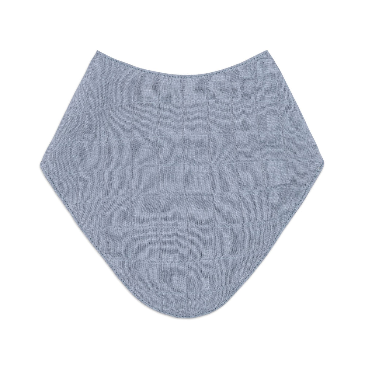 A light blue-gray muslin baby bib with a subtle grid texture, shown flat against a solid white background.
