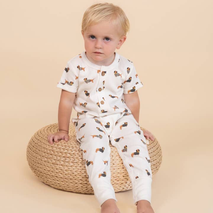 Organic Short Sleeve Button Romper - Dog by Makemake Organics