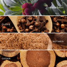 Collection of bayberry, clove, nutmeg, and cedar wood images with labels.