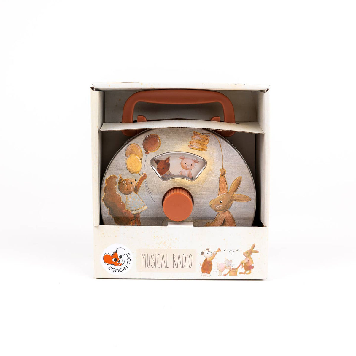 Children's musical radio toy in packaging with cartoon characters on a white background