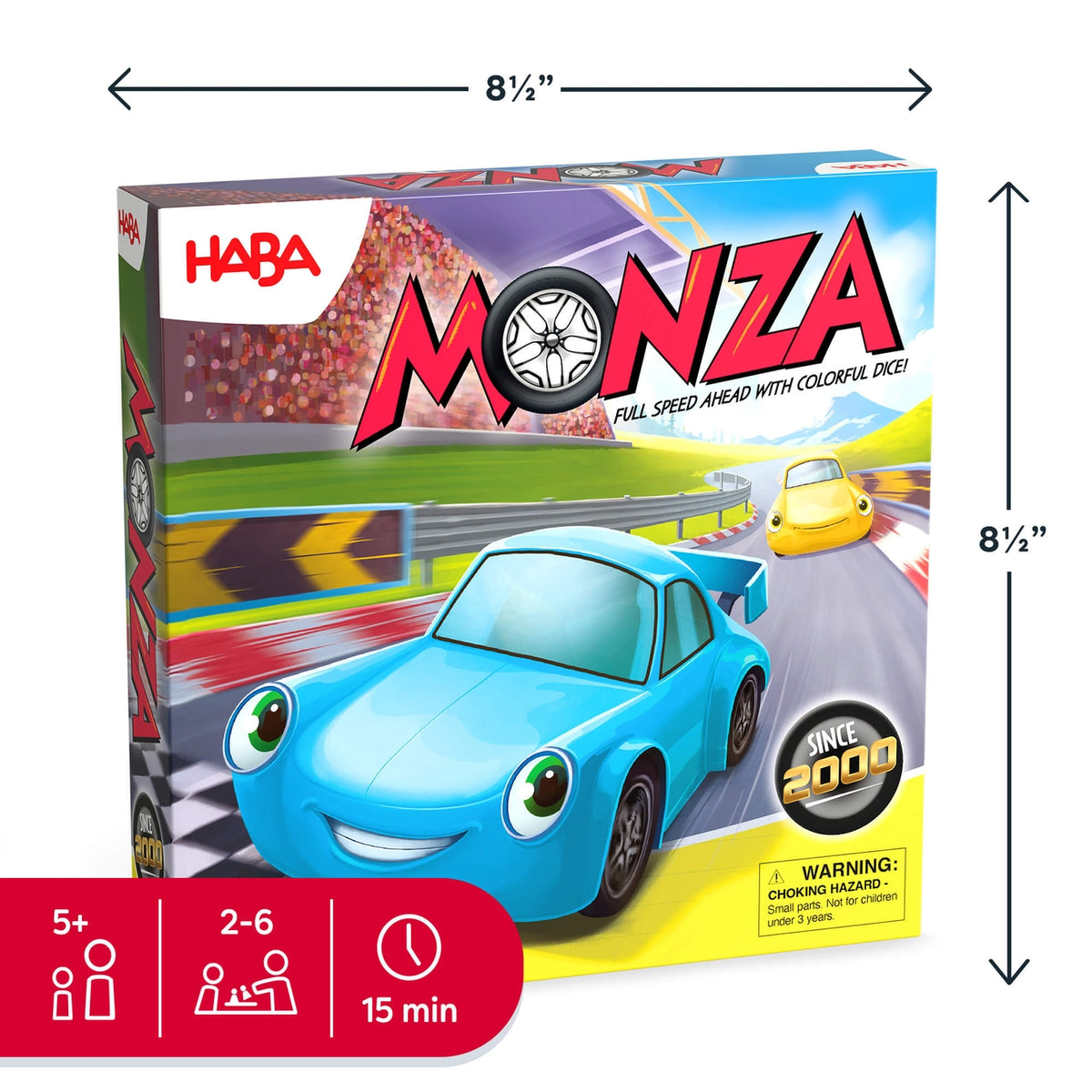 HABA Monza board game box shown on a white background with dimension arrows indicating 8 1/2 inches by 8 1/2 inches. The box features a colorful racing design with a blue cartoon car, red 'MONZA' title, and game icons at the bottom.