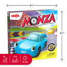HABA Monza board game box shown on a white background with dimension arrows indicating 8 1/2 inches by 8 1/2 inches. The box features a colorful racing design with a blue cartoon car, red 'MONZA' title, and game icons at the bottom.
