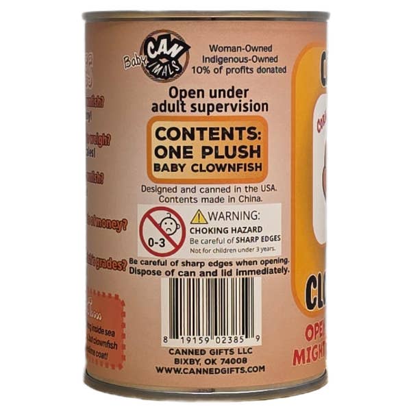 Can of Baby Clowns with label and warning text on a white background