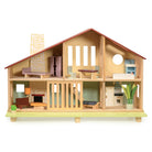 Wooden Cedar Chalet Modernist Dollhouse by Mentari featuring a mid-century modern architectural design with an open-front layout, a red gabled roof, a pebble-dash style chimney breast, and six furnished rooms complete with a starter set of modernist furniture and a sliding ground-floor grill opening onto an urban lawn with a potted plant and bench.