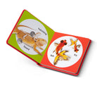 Children's book with animal illustrations and labels on a white background