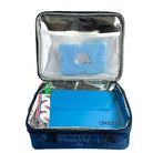Blue cooler bag with reflective interior lining on a white background