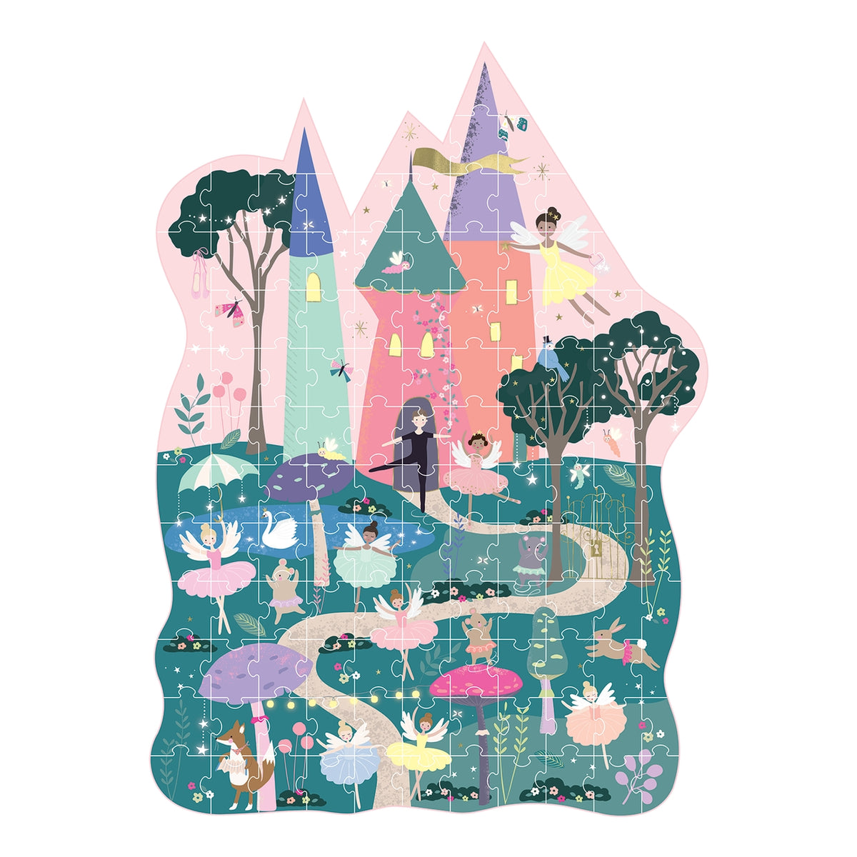 Children's puzzle with fairy tale design featuring castles and fairies on a white background