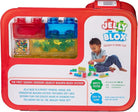 Product packaging for the Jelly Blox Creative Kit featuring a red carrying case with a clear window displaying colorful squishy building blocks, alongside an image of a child playing with the blocks and promotional text detailing product features.