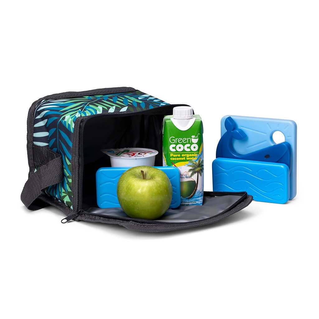 Open cooler bag with green apple, carton of 'Green Coco', and blue ice pack on a white background