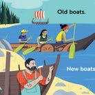 Illustration of people in old and new boats on a body of water with trees in the background.