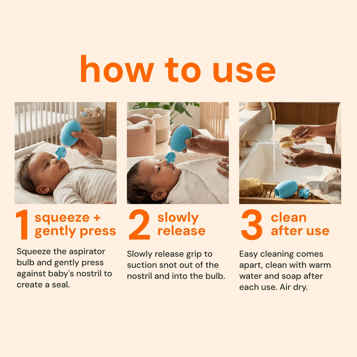 Instructions on how to use a baby aspirator with images and text.