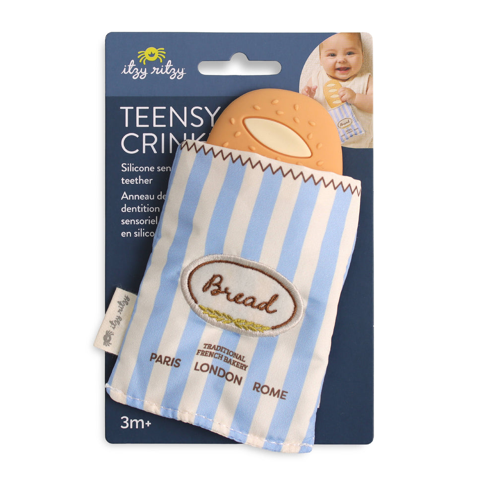 Itzy Ritzy Teensy Crinkles silicone bread-shaped teether packaging on a white background