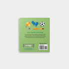 Back cover of a book with colorful icons and text on a green background