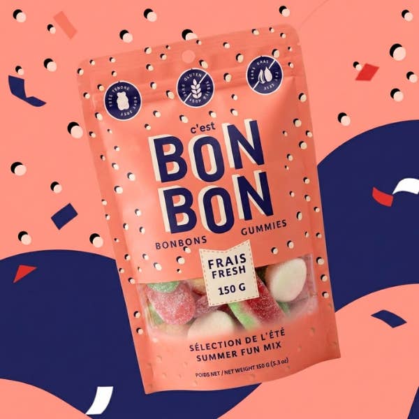 Packaging of 'c'est Bon Bon' gummies on a colorful abstract background