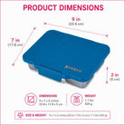 Blue product with dimensions and weight information on a pink background