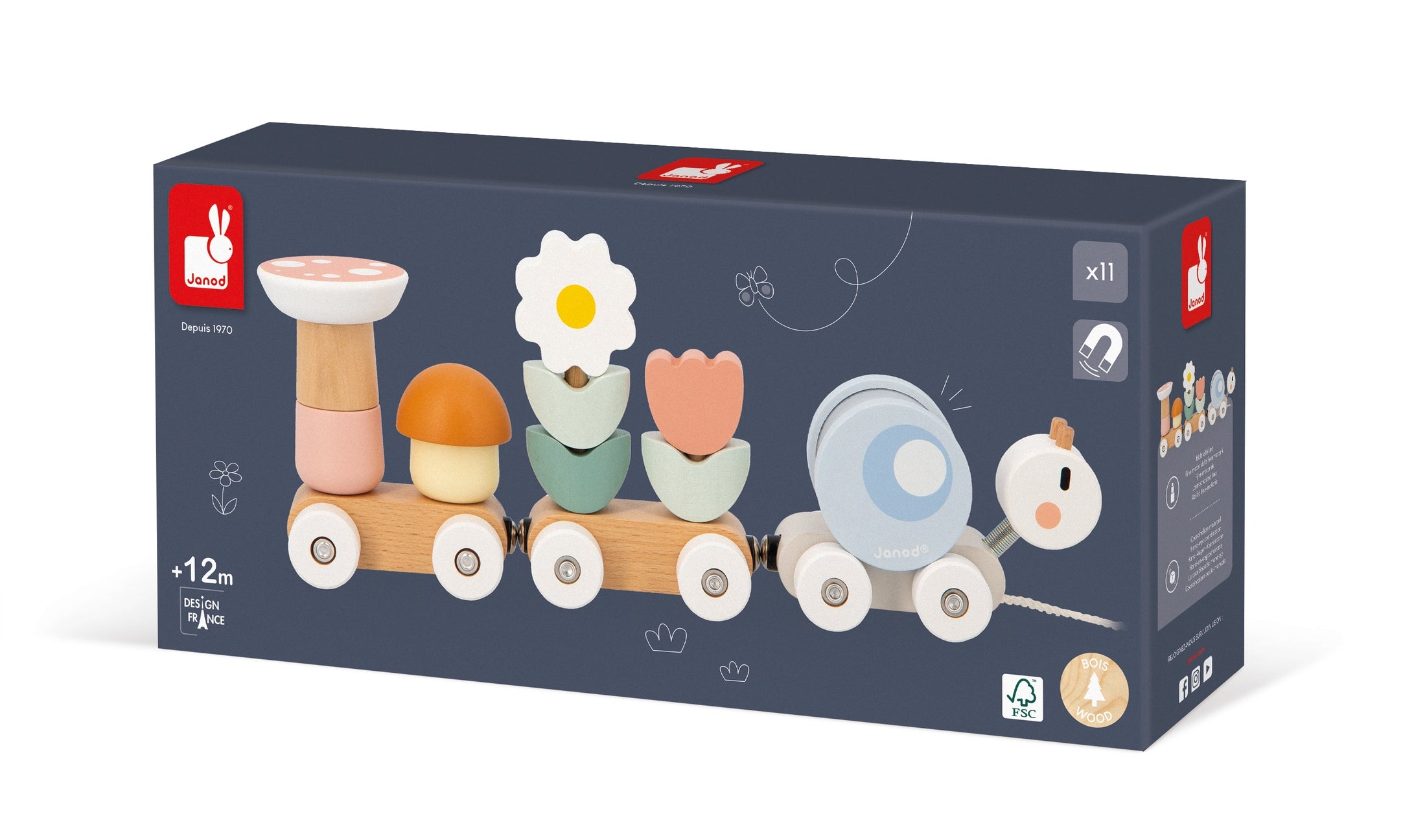 Box of a wooden toy train with colorful carriages on a white background