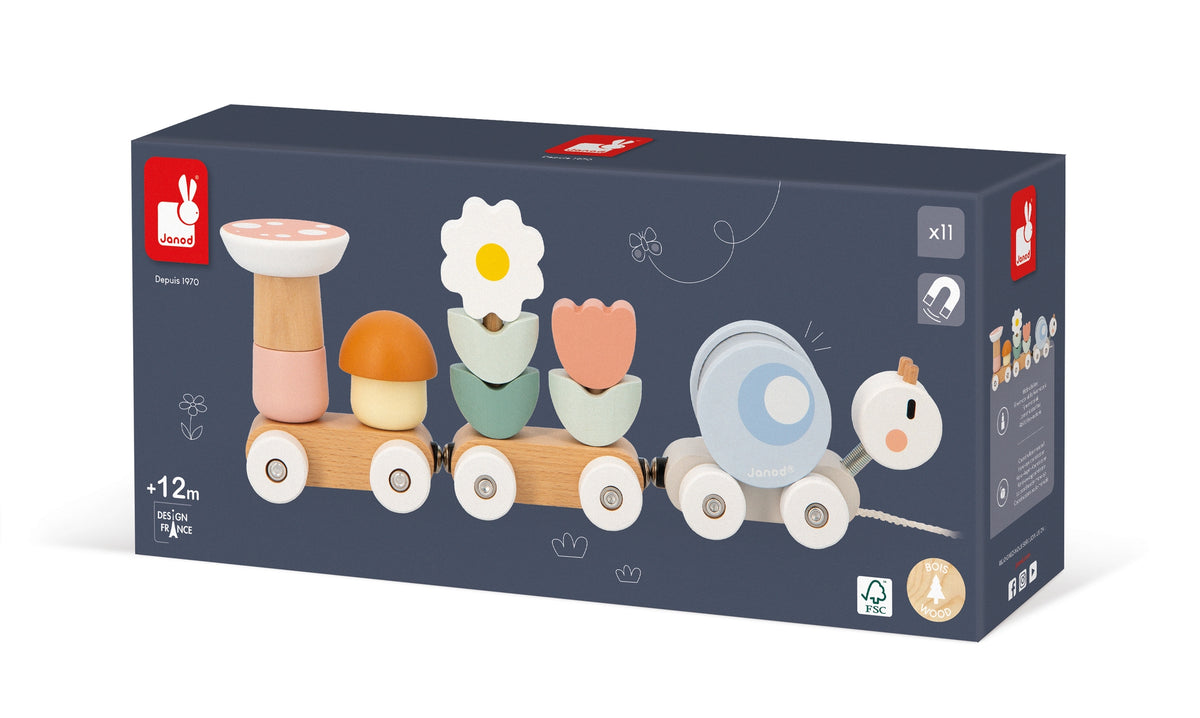 Box of a wooden toy train with colorful carriages on a white background