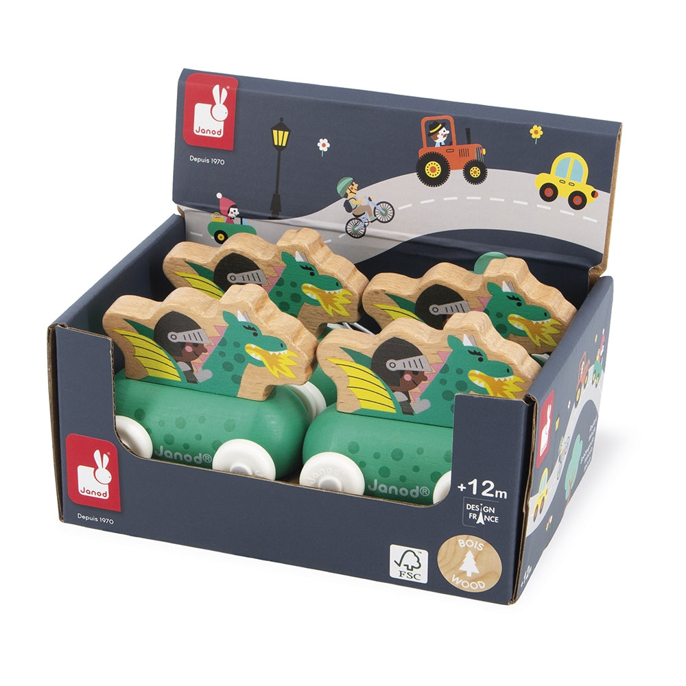 A display box filled with wooden toy cars and dinosaur-shaped accessories, branded JonoJono. The set includes green toy cars with yellow wings and wooden dinosaur figures with printed faces, all arranged inside a dark navy retail box with colorful illustrations on the inside lid.