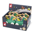 A display box filled with wooden toy cars and dinosaur-shaped accessories, branded JonoJono. The set includes green toy cars with yellow wings and wooden dinosaur figures with printed faces, all arranged inside a dark navy retail box with colorful illustrations on the inside lid.