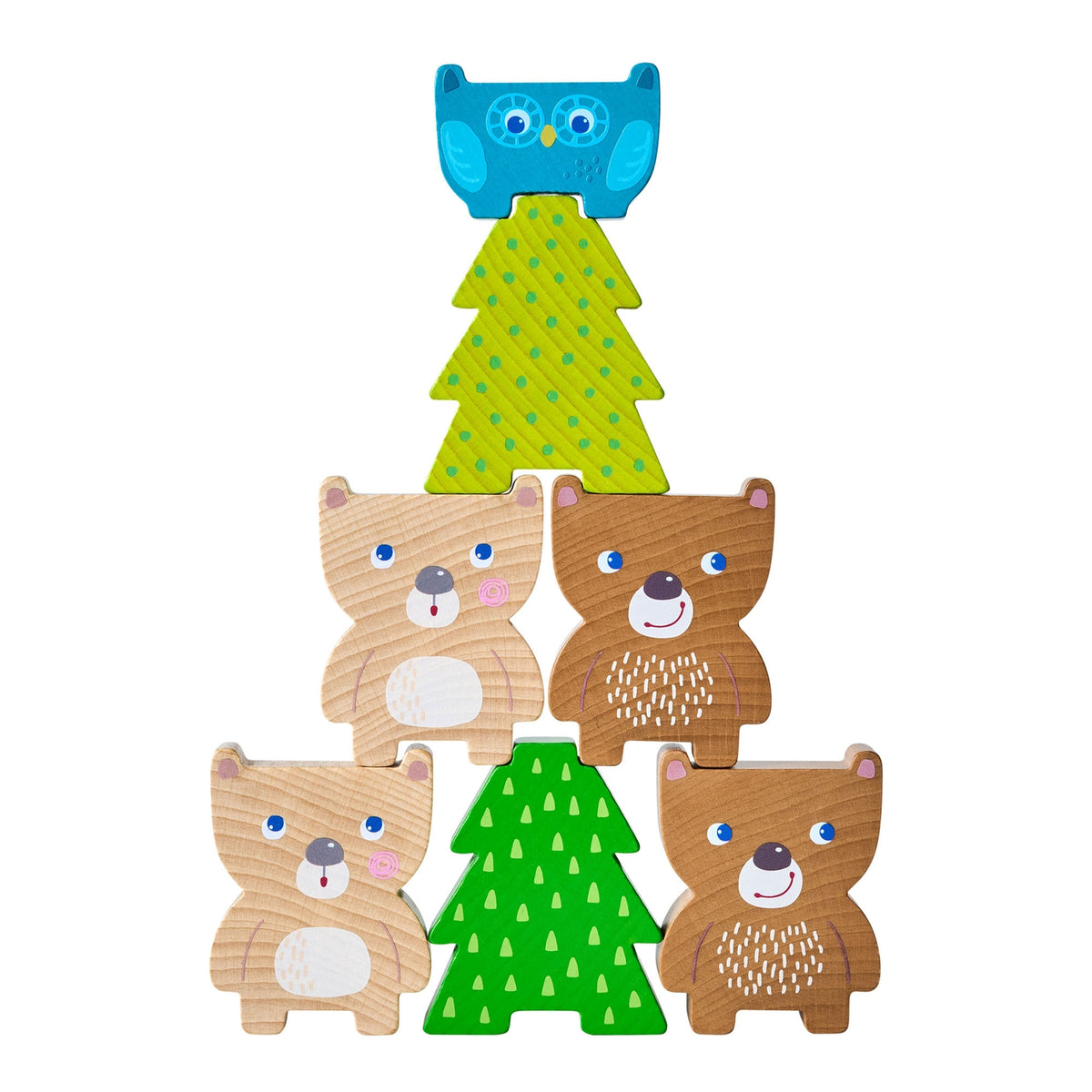 Wooden toy set with bears and an owl on a white background