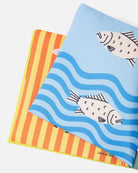 Two colorful napkins with fish designs on a white background