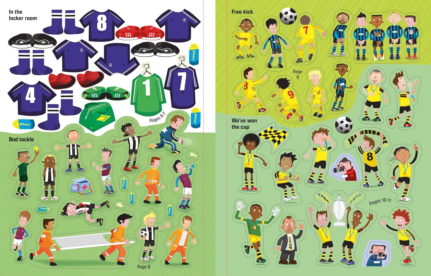 A children's sticker activity sheet featuring soccer-themed illustrations, including various soccer jerseys, players, trophies, and text labels like 'In the locker room' and 'Free kick'. The sheet is split into multiple pages with colorful cartoon graphics on a white and light green background.